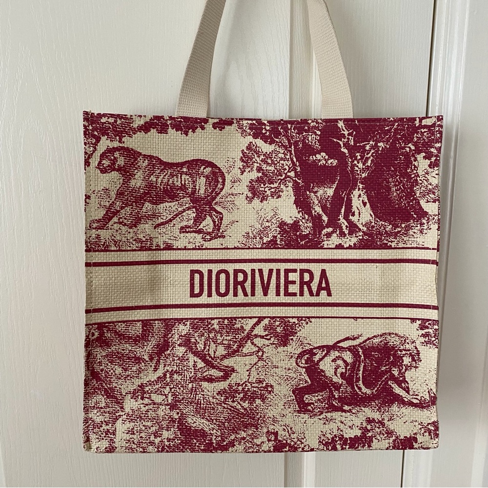Brand New Christian Dior Red Dioriviera Print Paper Straw Tote Bag XL size - Picture 7 of 14